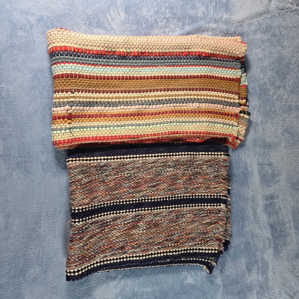 Lot 2 Handwoven Cotton Rag Rugs Multicolor Striped Farmhouse Boho Reversible
